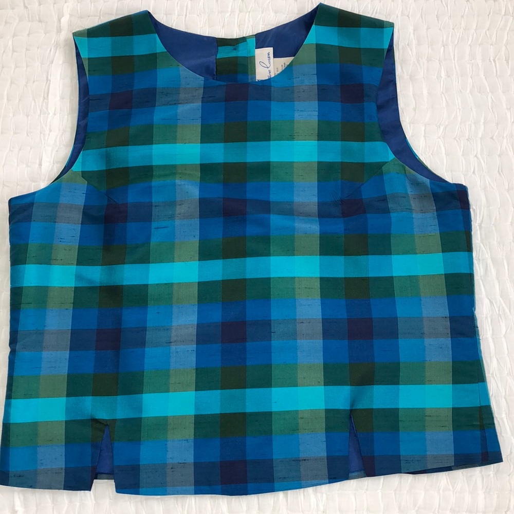 Anne Carson Blue & Teal Plaid Crop Top
